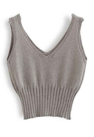 V-Neck Crop Knit Cami Top in Taupe - Retro, Indie and Unique Fashion