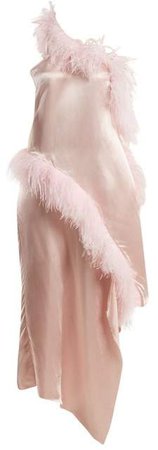 Marques'almeida - Asymmetric Feather Embellished Satin Dress - Womens - Pink