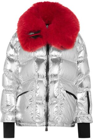 Shearling-trimmed Metallic Quilted Down Ski Jacket - Silver
