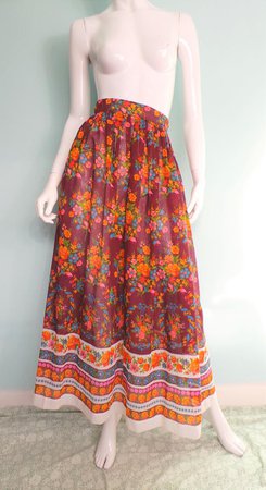 1970s Floral Print Purple Pleated Maxi Skirt, Floral Boho Hippy Long Skirt with Bright Flowers, Striped Semi-Sheer Maxi Skirt, 24in Waist