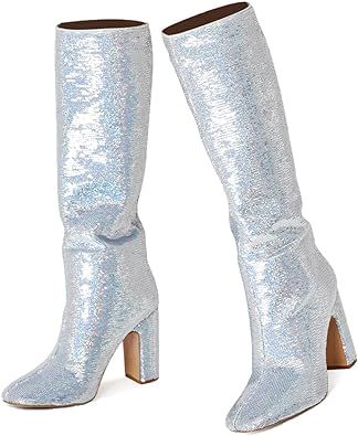 Amazon.com | Celbreez Black Knee High Boots Sparkly Chunky Block Heel Glitter Sequins High Heel Boots Closed Toe Pull On Party Sexy Shiny Boots For Women | Knee-High