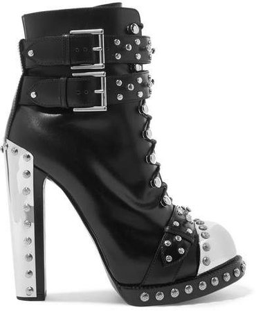 Hobnail Studded Leather Ankle Boots - Black