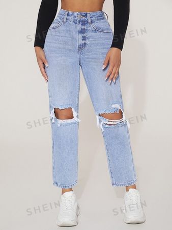 SHEIN PETITE High Waist Ripped Straight Leg Jeans | SHEIN USA