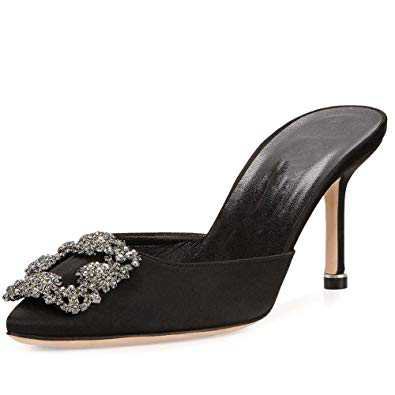 Amazon.com | Mavirs Women's Satin Pointy Toe Slide Sandals Rhinestones Kitten Heels Pumps Jeweled Slingback Heeled Mules Shoes 9 M US | Mules & Clogs