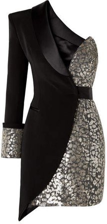 One-sleeve Layered Embellished Satin-crepe Mini Dress - Black