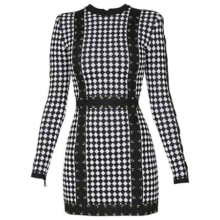 *clipped by @luci-her* Balmain Checkered Stretch-Knit Mini Evening Dress, Black
