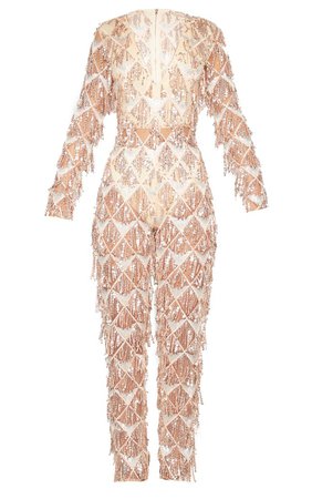 Rose Gold Tassel Sequin Plunge Jumpsuit | PrettyLittleThing
