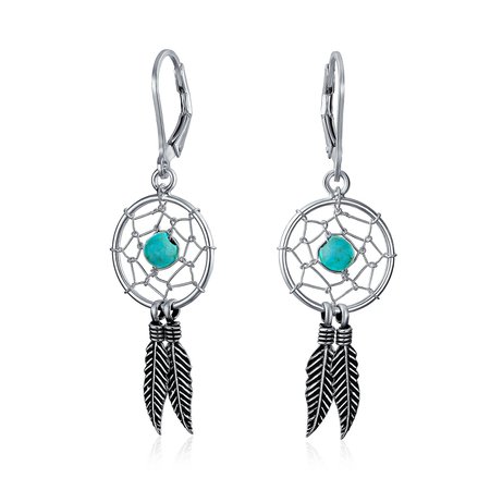 Boho Turquoise Dream Catcher Feather Dangle Earrings Sterling Silver – Bling Jewelry