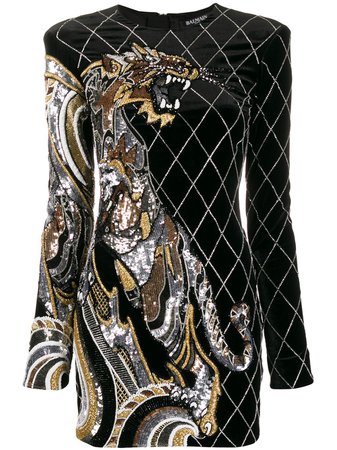 Black Balmain Sequin-Embellished Tiger Motif Dress | Farfetch.com