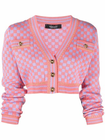 Versace Pink & Purple Checkboard Cropped Cardigan In 2r500 Coral+orchid | ModeSens