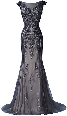 Amazon.com: Bliss Extra Women's Luxury Beaded Rhinestone Tulle Mermaid Evening Dresses Elegant V-Back Formal Evening Gowns Dark Grey: Clothing