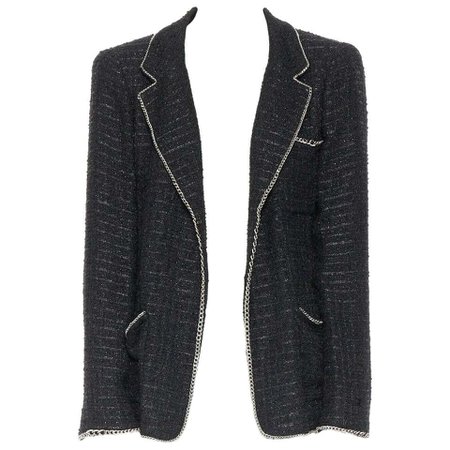 CHANEL MEN 06P black fantasy tweed lurex silver chain trim dinner jacket FR46 M For Sale at 1stdibs