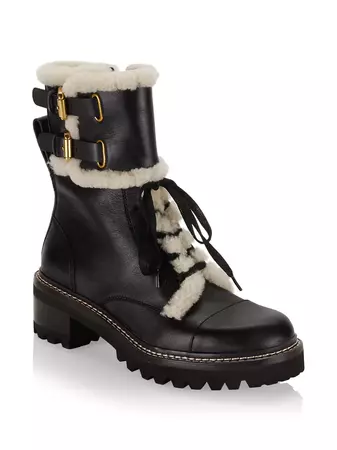 Shop See by Chloé Mallory Shearling-Lined Leather Combat Boots | Saks Fifth Avenue