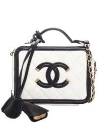 Chanel White & Black Quilted Caviar Leather Cc Filigree Small Vanity Case - Lyst