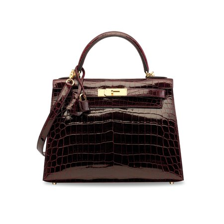 A SHINY BORDEAUX NILOTICUS CROCODILE SELLIER KELLY 28 BAG WITH GOLD HARDWARE
