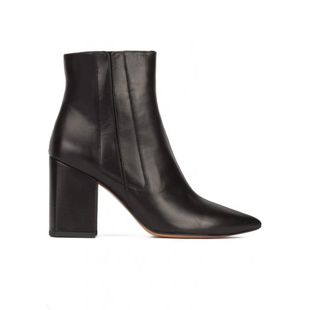 High chunky heel pointed toe ankle boot in black nappa leather . PURA LOPEZ