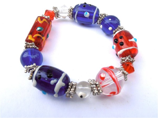 Handmade Blue Red White Glass Bead Bracelet Elastic Kawaii Cute 4th of July 4 Costume Jewelry Theme Stretch One Of O Kind OOAK Crystal - Villa Collezione Boutique