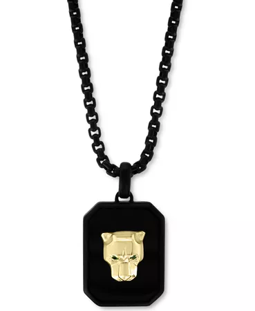 EFFY Collection EFFY® Onyx & Tsavorite Accent Panther Dog Tag 22" Pendant Necklace in Black Ion-Plated Sterling Silver & 18k Gold
