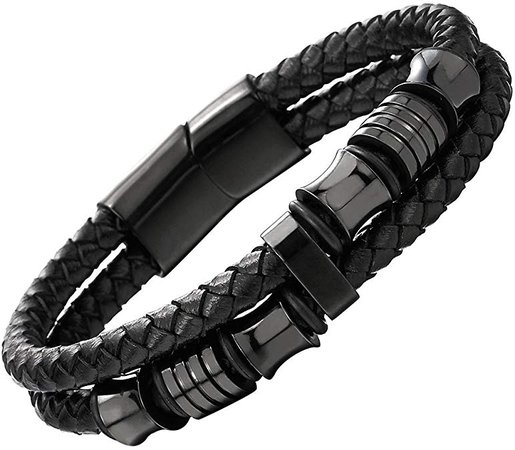 Amazon.com: COOLSTEELANDBEYOND Mens Double-Row Black Braided Leather Bracelet Bangle Wristband with Black Stainless Steel Ornaments: Jewelry