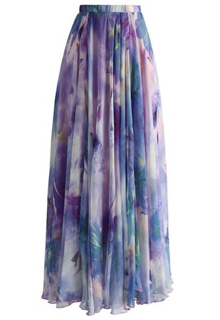 Dancing Watercolor Floral Maxi Skirt in Violet - Retro, Indie and Unique Fashion