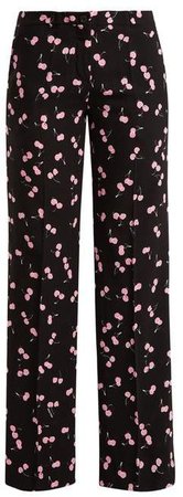 Cherry Print Mid Rise Wide Leg Trousers - Womens - Black Pink