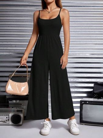 SHEIN PETITE Solid Open Back Cami Jumpsuit | SHEIN USA
