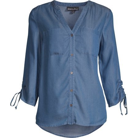 Alison Andrews - Alison Andrews Women's Ruched Sleeve Chambray Blouse - Walmart.com