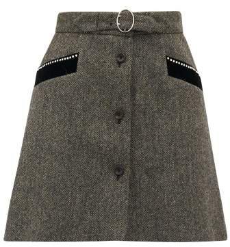 Crystal Embellished Wool Herringbone Mini Skirt - Womens - Dark Grey