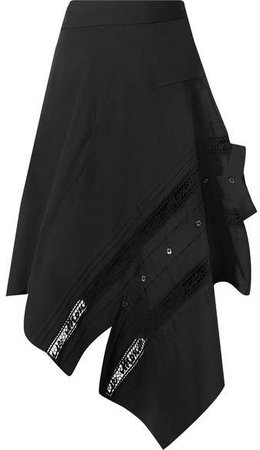 Asymmetric Lace-trimmed Cotton-blend Poplin Skirt - Black