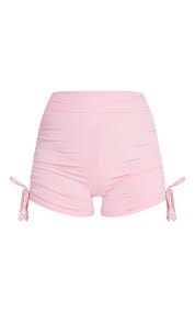 prettylittlething pink ruched side booty shorts