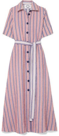 Evi Grintela - Valerie Belted Striped Linen And Cotton-blend Midi Dress - Red