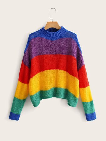 Drop Shoulder Rainbow Striped Knit Sweater | SHEIN USA