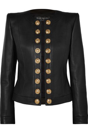 Balmain | Button-embellished collarless leather blazer | NET-A-PORTER.COM