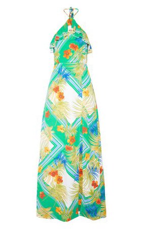 Green Floral Print Ruffle Halterneck Maxi Dress | PrettyLittleThing