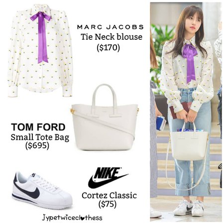 Twice's Fashion on Instagram: “MINA GIMPO AIRPORT MARC JACOBS- Tie Neck Blouse ($170) TOM FORD- Small Tote Bag ($695) NIKE- Cortez Classic ($75) #twicefashion…”