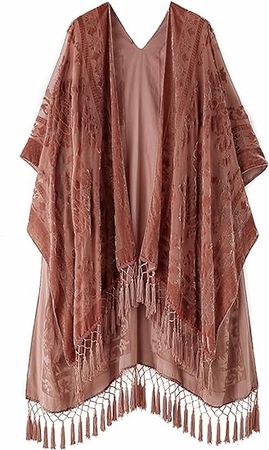 MJ SERECA Women's Burnout Velvet Kimono Long Cardigan Cover Up Without Tassel (Autumn Leaf) at Amazon Women’s Clothing store