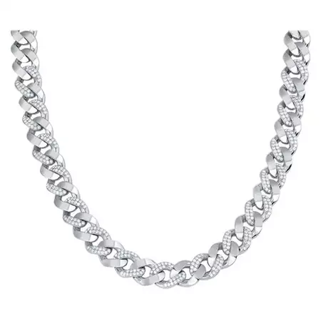 Cuban Chain Diamond Necklace in 18K White Gold For Sale at 1stDibs | diamond chain png, cuban chain png, diamond chain transparent