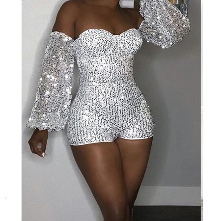 glitter silver sequin short jumpsuit bodysuit women sexy off shoulder rompers womens macacao feminino overalls body mujer suit|Rompers| - AliExpress