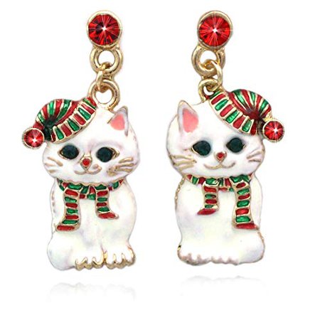 cocojewelry Santa Hat Kitty Cat Snowman Charm Dangle Post Earrings Christmas Jewelry (Santa Cat): Jewelry