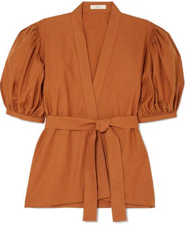 MATIN - Belted Cotton Wrap Top - Brown