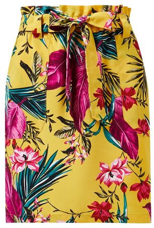 Yellow Tropical Print Tie Mini Skirt