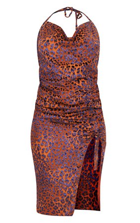 Orange Leopard Devore Ruched Halterneck Midi Dress | PrettyLittleThing USA