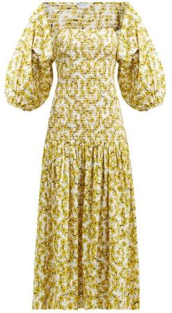Harper Shirred Floral Print Cotton Dress - Womens - Yellow Print
