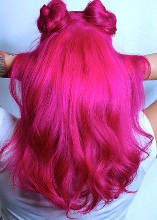 hot pink long hair space buns half up
