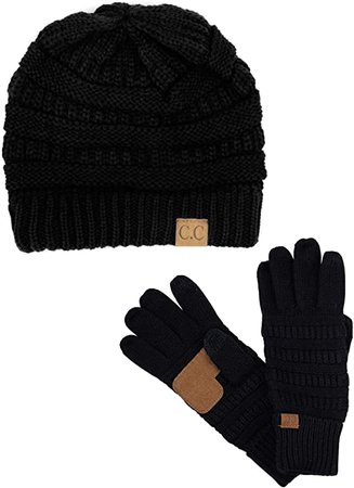 C.C Unisex Soft Stretch Cable Knit Beanie and Anti-Slip Touchscreen Gloves 2 Pc Set, Black at Amazon Women’s Clothing store