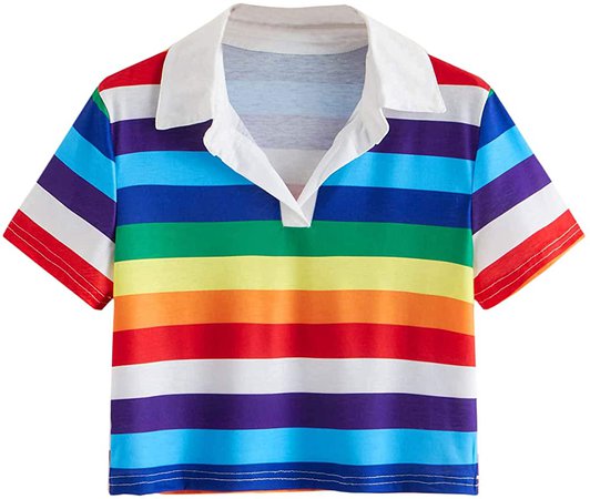 SweatyRocks Women's Collar Half Button Short Sleeve Rainbow Striped Crop Top T-Shirt Multi Small at Amazon Women’s Clothing store