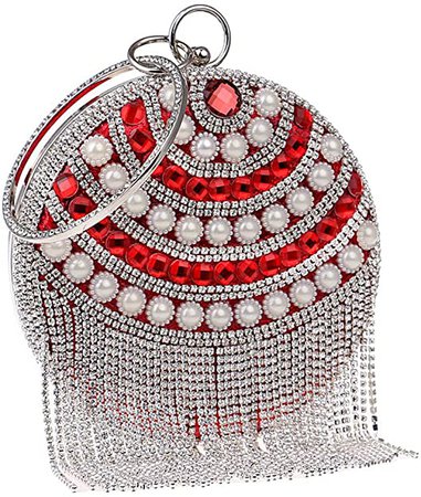 Dazzling Crystal Tassel Women Evening Bag Round Wedding Cocktail Wristlets Handbag Purse (Red)