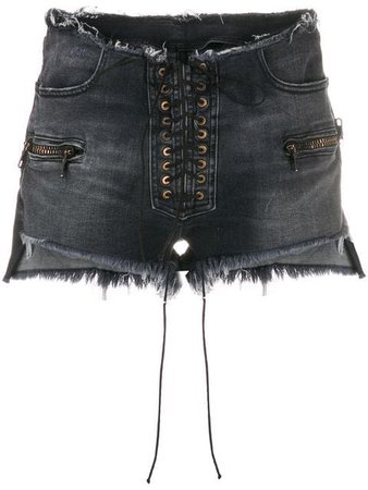 Unravel Project Frayed lace-up Denim Shorts - Farfetch