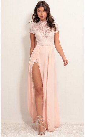 Party dresses > Couture Shimmer Lace Maxi Dress in Peach