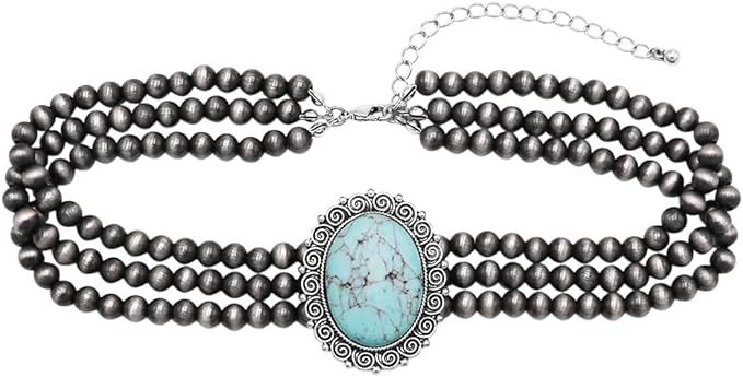 Amazon.com: Rosemarie & Jubalee Women's Statement Cowgirl Chic Western Natural Howlite Stone On Metallic Pearl Choker Necklace, 13"+ 3" Extension (Turquoise Howlite Stone, 3 Row 6mm With Oval Cabochon) : Clothing, Shoes & Jewelry